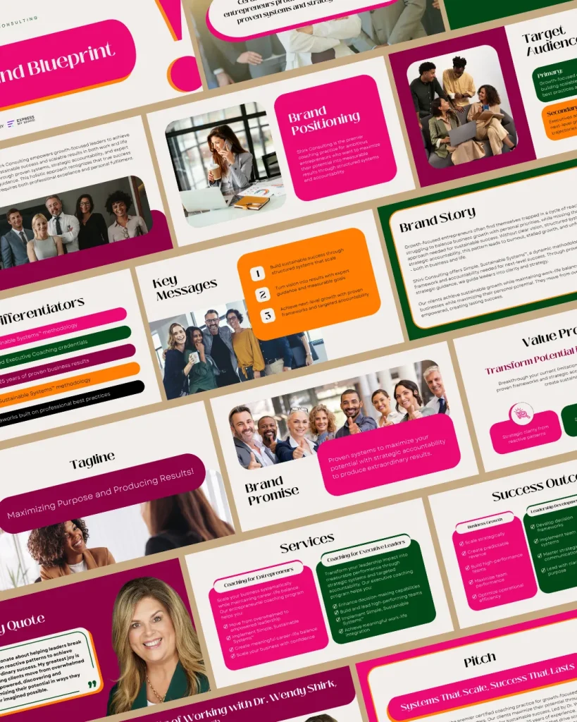 Brand presentation slides with people and business strategies.