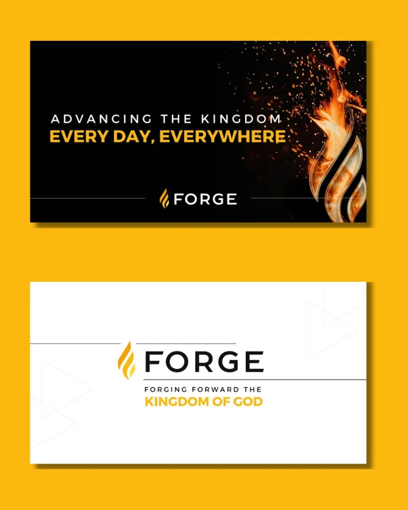 Forge organization branding with flame and kingdom message.