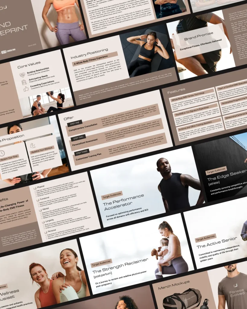 Collage of fitness promotional materials and strategies.