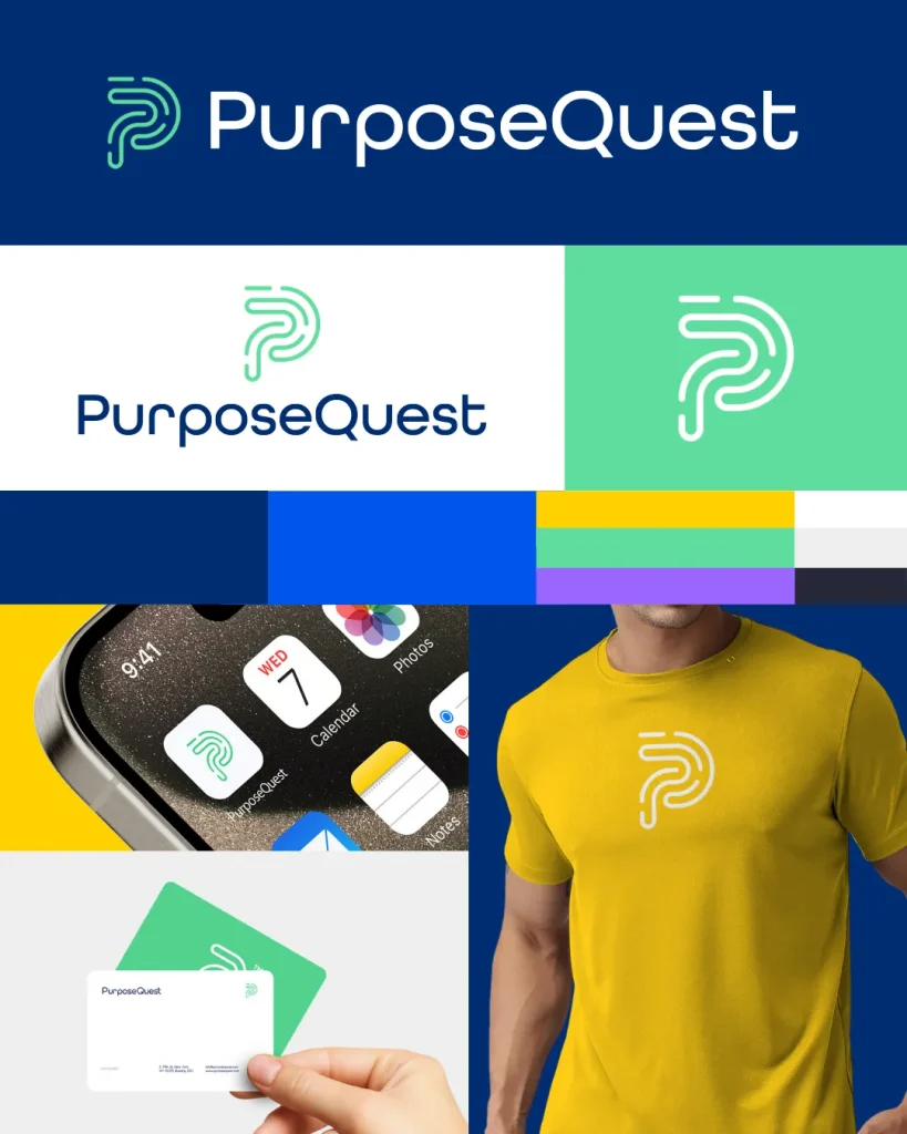 PurposeQuest branding on digital and physical items.