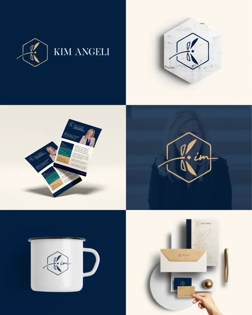 Kim Angeli branding materials, logo, and merchandise.