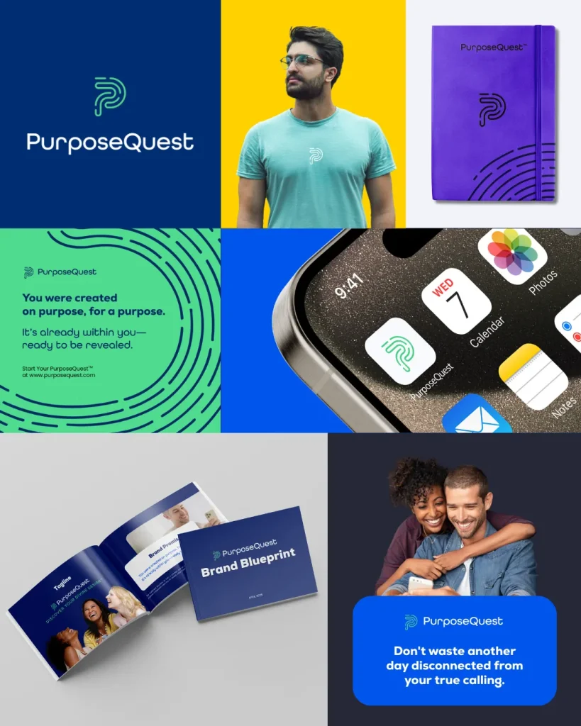 PurposeQuest brand materials and logo displayed creatively.