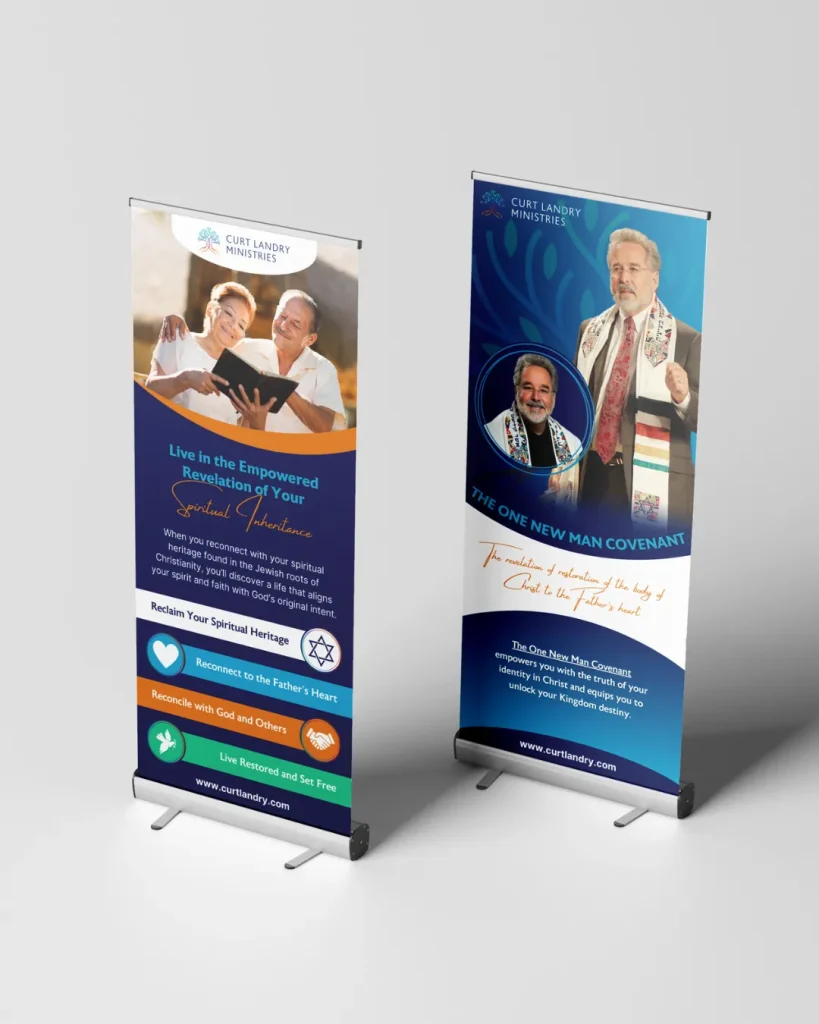Curt Landry Ministries banners with spiritual messages.