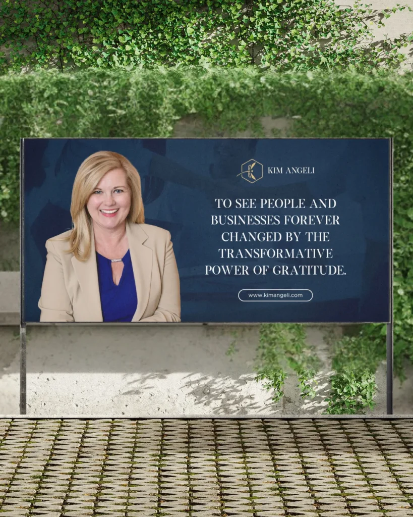 Woman smiling on gratitude-themed business banner.